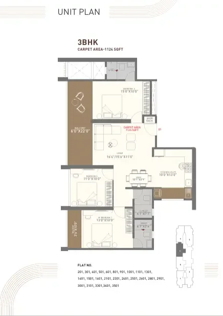 Shaligram The Mile 3 BHK 2D floor plan