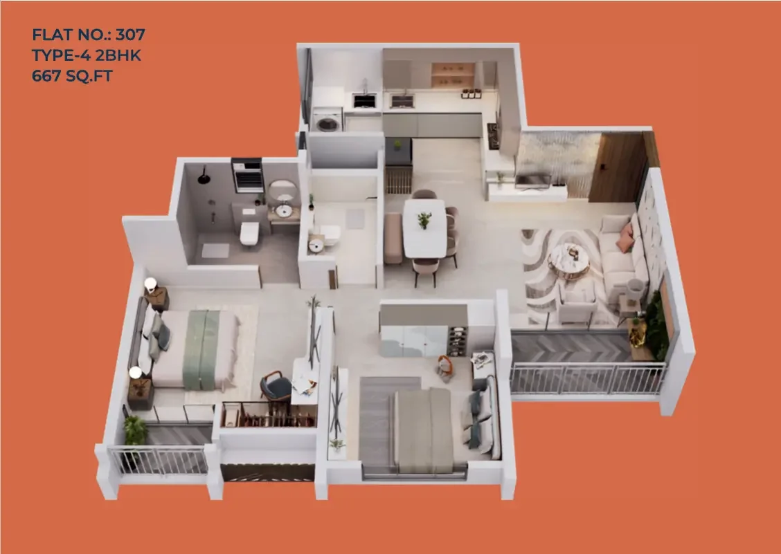 Legacy Highpoint 2 BHK 3D floor plan