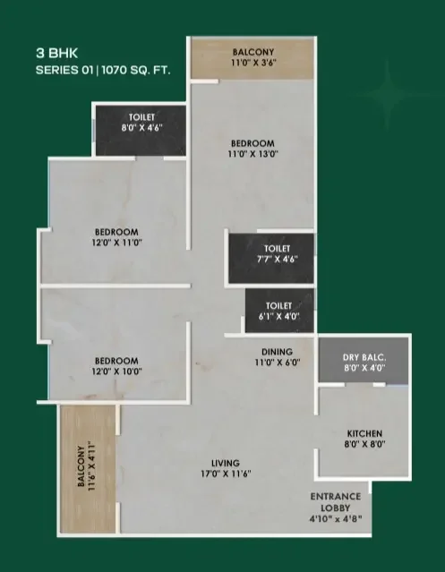 Shriram Nyra 3 BHK 2D floor plan