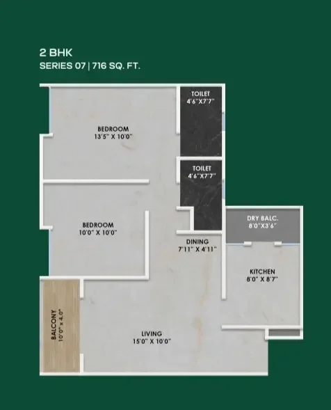 Shriram Nyra 2 BHK 2D floor plan