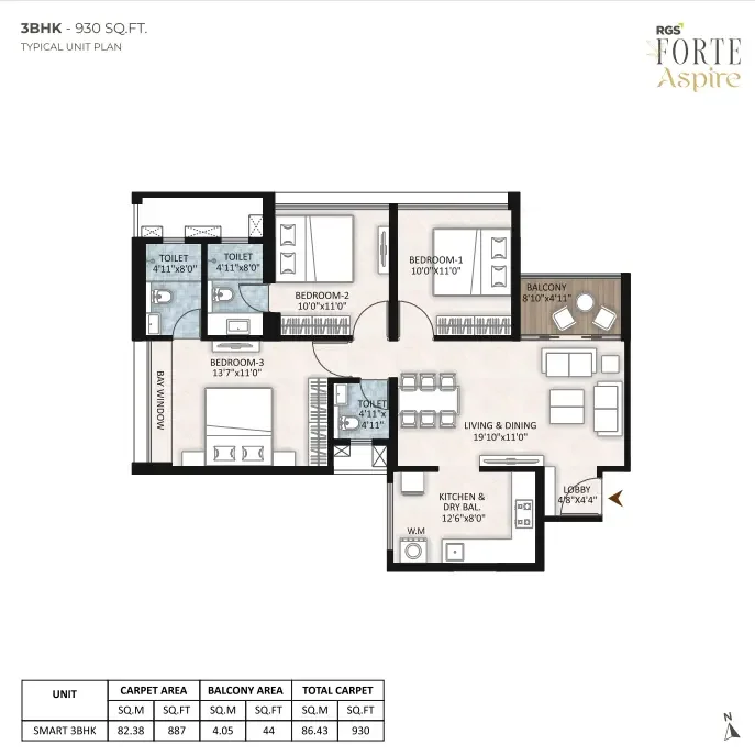 RGS Forte Aspire 3 BHK 2D floor plan