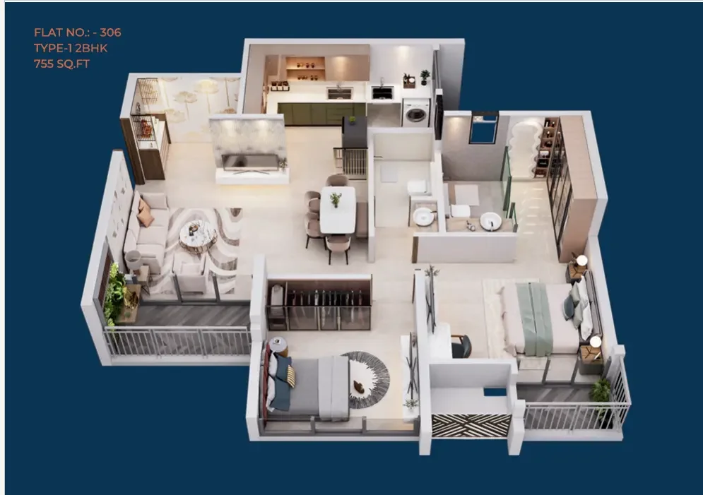 Legacy Highpoint 2 BHK 3D floor plan