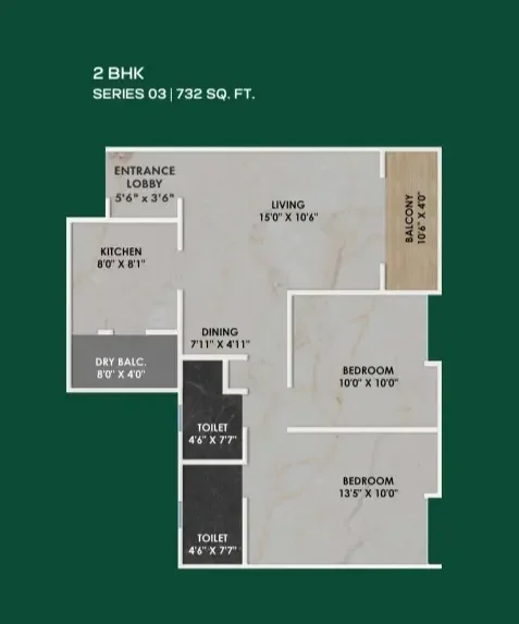 Shriram Nyra 2 BHK 2D floor plan