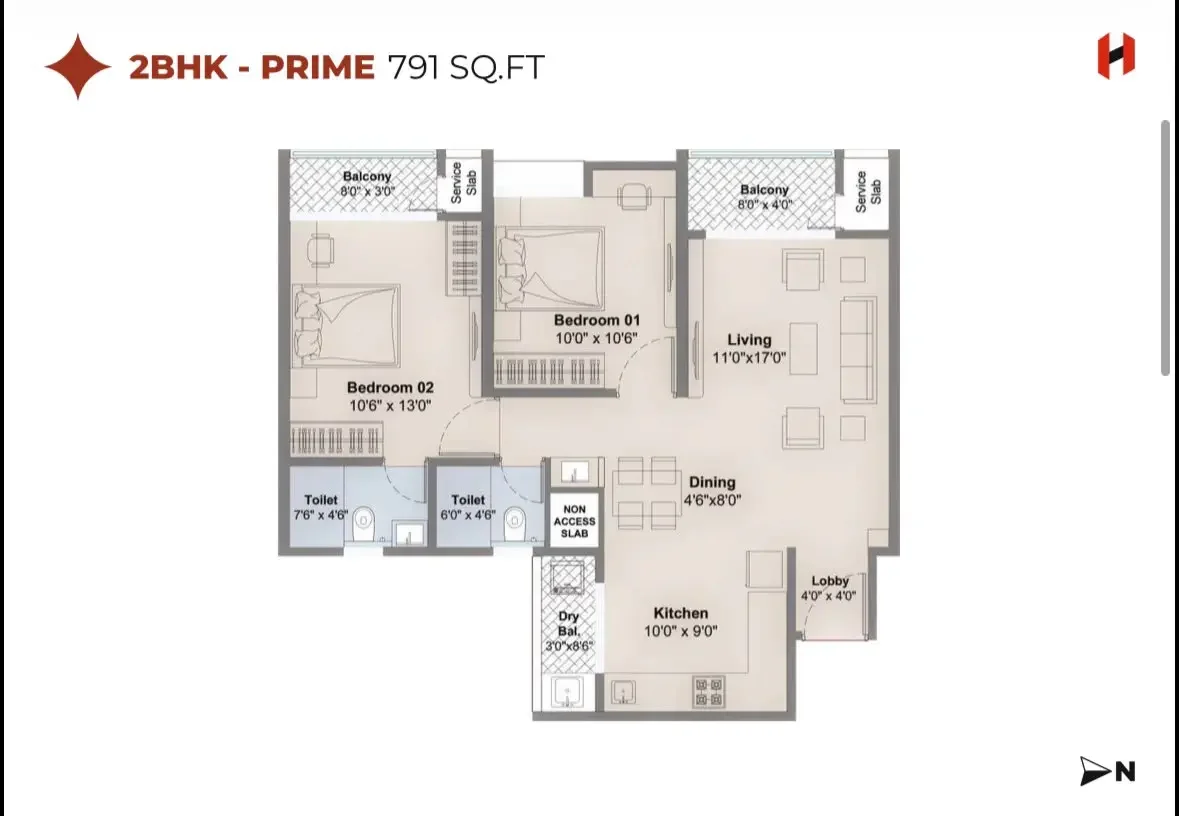 Harico Divaam 2 BHK 2D floor plan