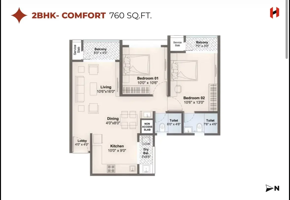 Harico Divaam 2 BHK 2D floor plan