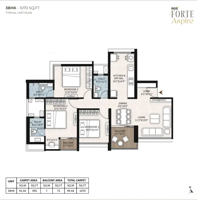 RGS Forte Aspire 3 BHK 2D floor plan